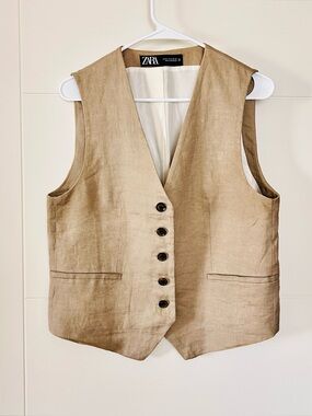 Zara Khaki Linen-Blend Button Vest